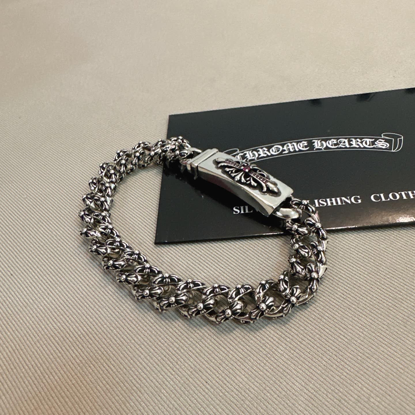 Chrome Hearts Silver Bracelet with Pink Crystal Cross Clasp